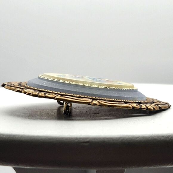 Vintage Victorian Revival Floral Brooch Pink Rose Blue Daisy Ornate Brass 2.25" - Picture 3 of 8